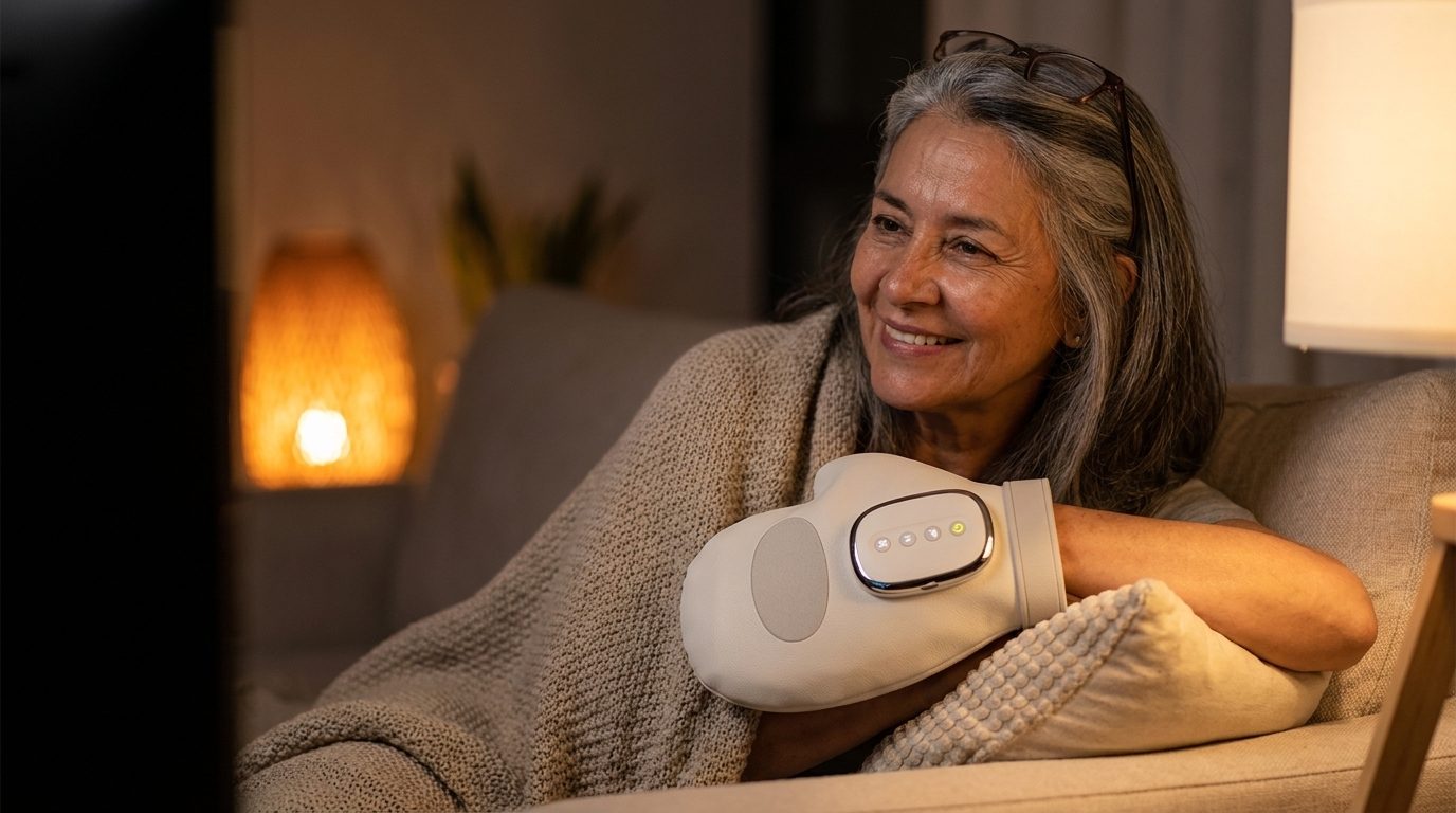 Señora relajada en su sofá con el guante puesto