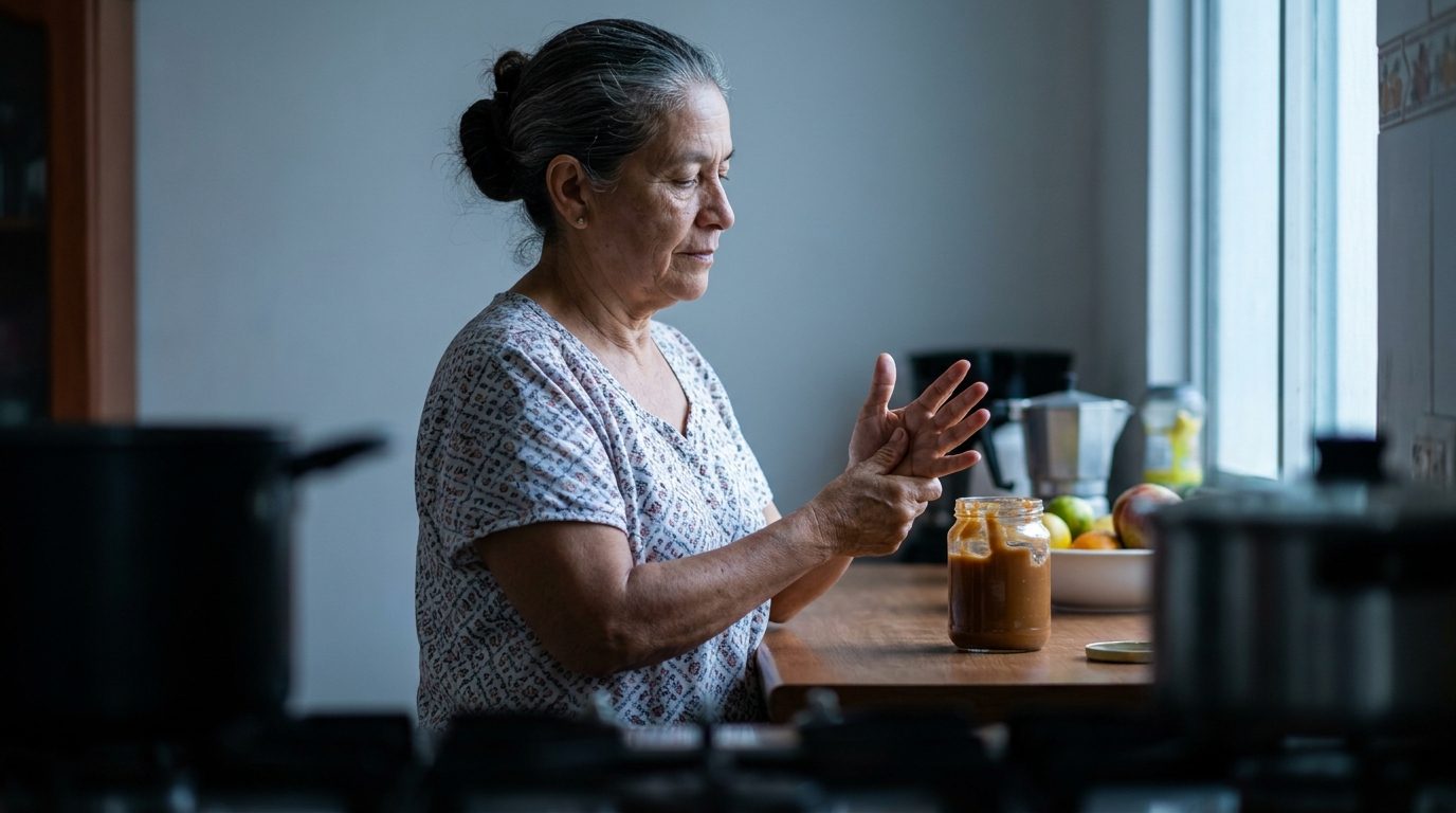 Señora frotándose las manos en su cocina en la mañana